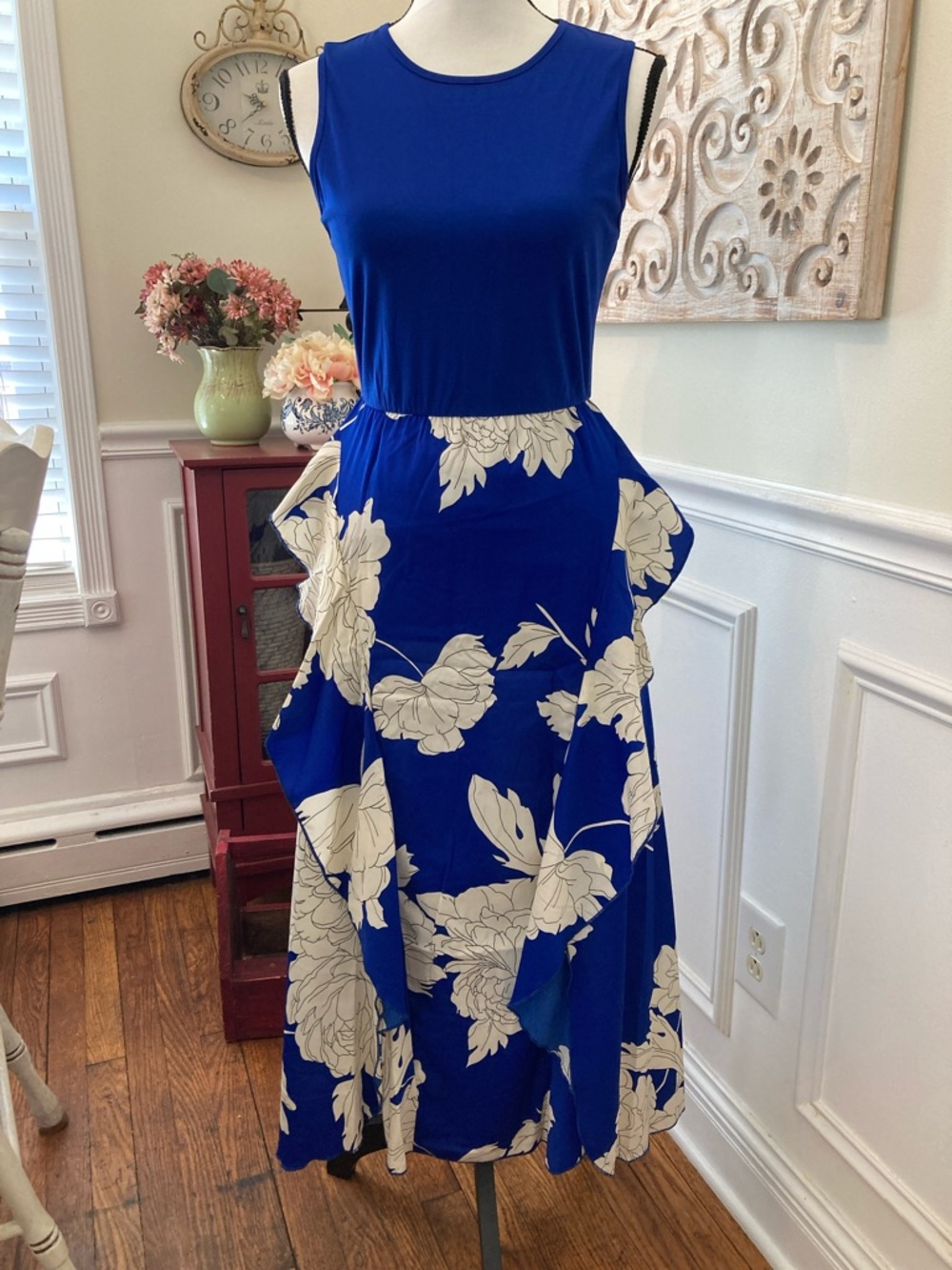 Royal Blue Floral Midi Dress with Cream Bloom
